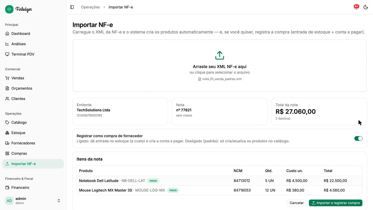 Tela de Importar NF-e do FinLedger