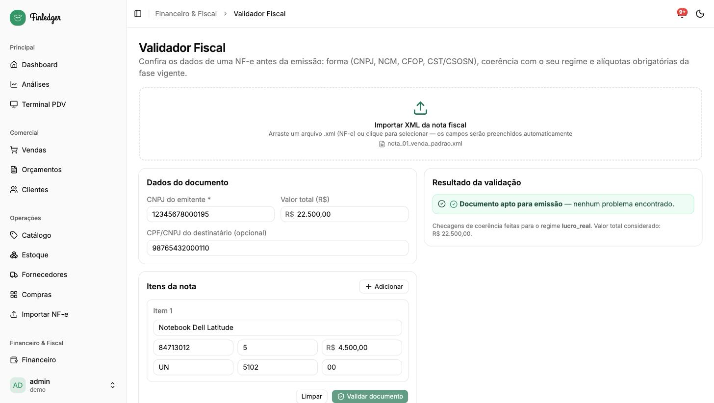 Tela de Validador Fiscal do FinLedger